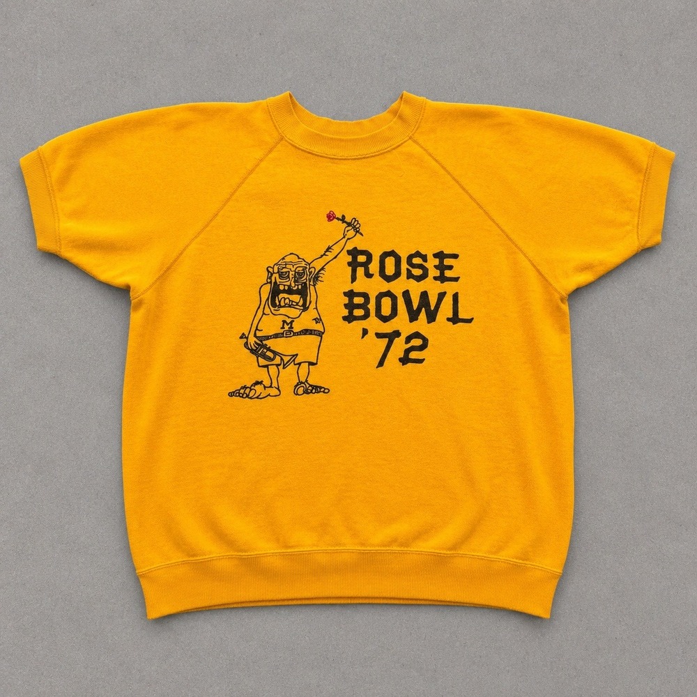 Vintage 70s Rose Bowl Monster Power Graphic Short Sleeve Sweatshirt Yellow USA
